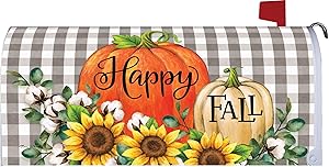 Custom Decor Pumpkins & Cotton - Happy Fall - Mailbox Makeover - Vinyl with Magnetic Strips for Steel Standard Rural Mailbox - Made in The USA - Copyright, Licensed and Trademarked Inc.