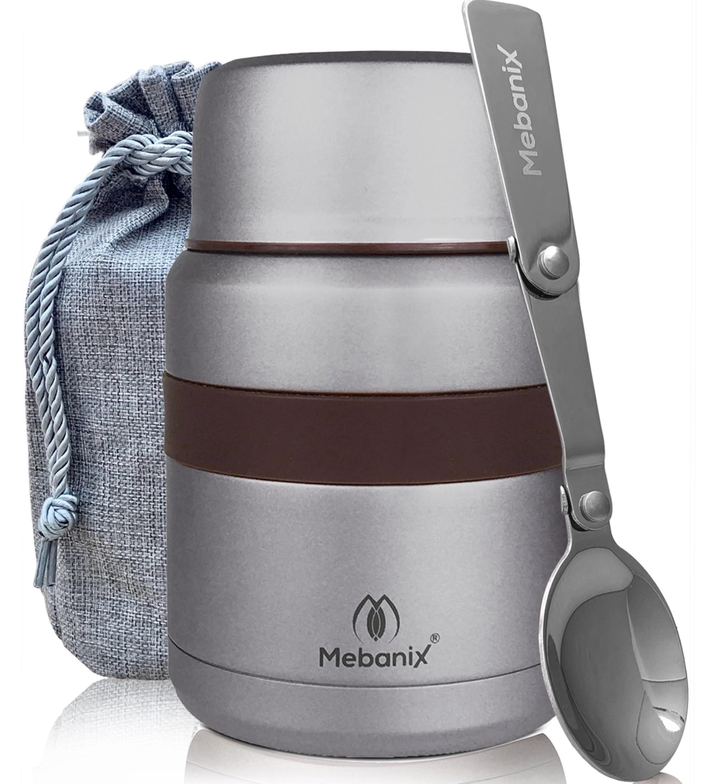 Mebanix Food Flask for Hot Food, Soup | 400ml Stainless Steel Double Walled Vacuum Insulated Leakproof Jar with Folding Spoon | BPA Free | 6 hrs hot 10 hrs cold | For Adults and Kids. Grey.