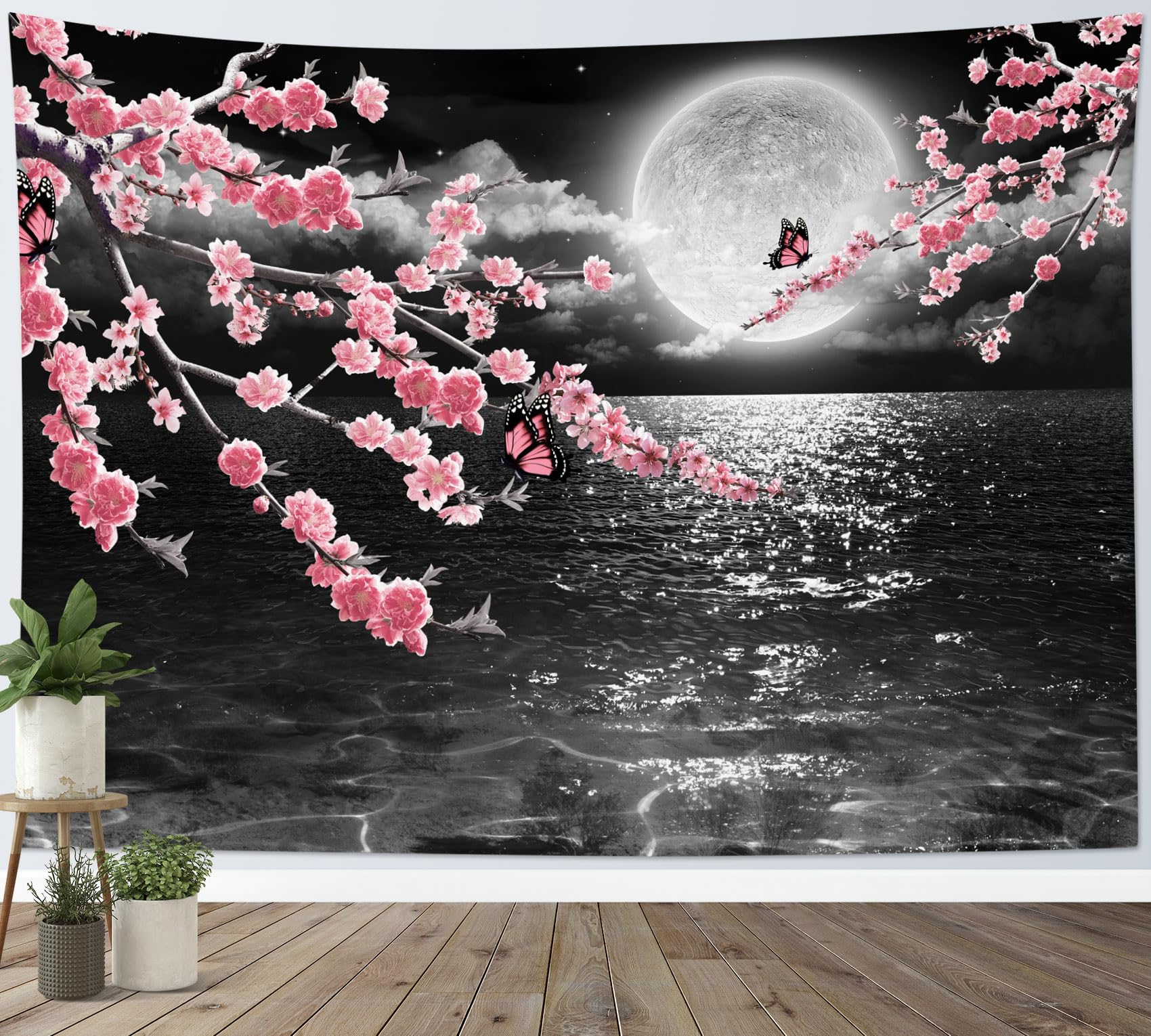 LB Aesthetic Coastal Tapestry Wall Hanging, Black Sea Pink Flower Wall Tapestry, Moon Night Landscape Living Room Decor, Japanese Tapestries for Bedroom Dorm Office, 150x100cm