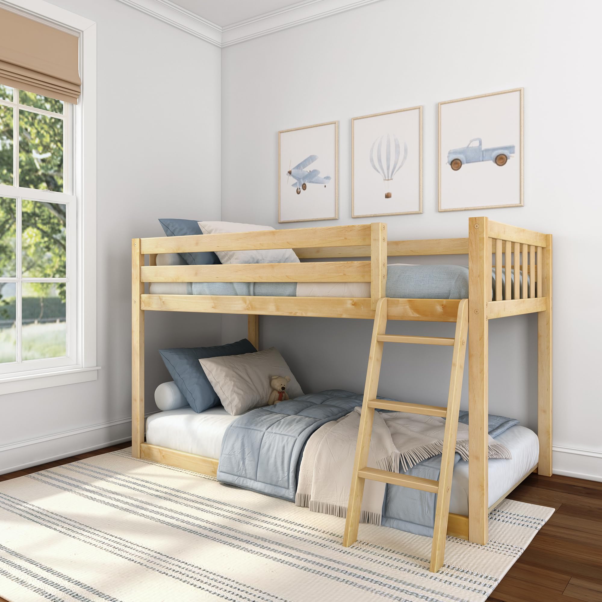 Max & Lily Fundamental Twin Low Bunk Bed, Kids Solid Wood Modern Bed Frame with Strong Wooden Slats, Non-Toxic Finishes, High Weight Capacity, Natural Image