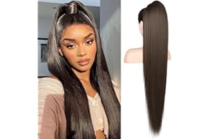 Flufymooz ponytail extension, 36 Inch Long Straight Drawstring Ponytail Synthetic Hairpieces Fake Pony Tails Natural Soft Clip in Hair Extension for Women (Black Brown)
