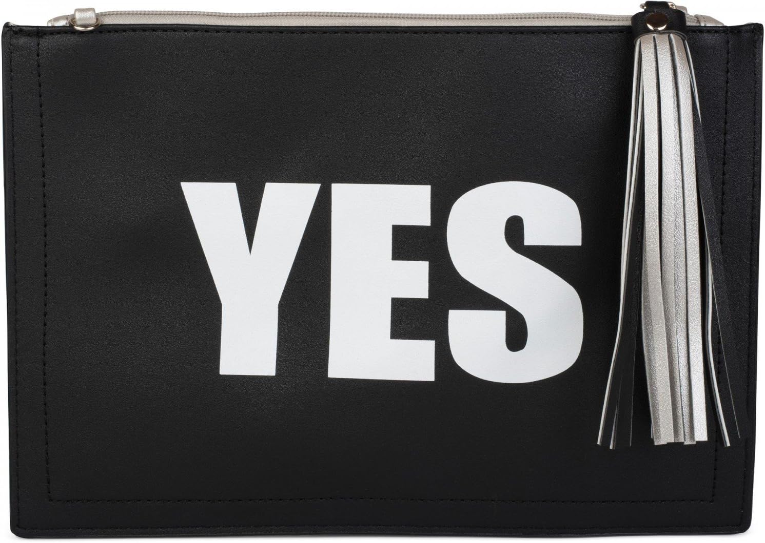styleBREAKER 'YES' or 'NO' print clutch, tassel pendant upon zipper, arm and shoulder strap, women 02012078, color:Silver/Black - Image 3