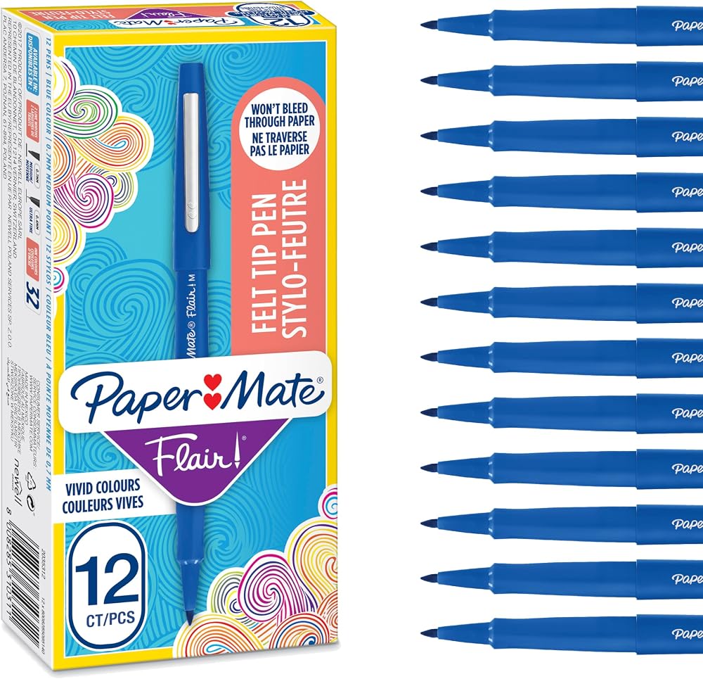 Paper Mate Flair Felt Tip Pens Medium Point 0.7 mm Blue 12 Count