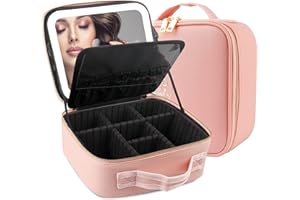 MOMIRA Makeup Train Case with Light & Mirror Large Cosmetic Organizer with Adjustable Dividers for Cosmetics,10X Magnifying Makeup Mirror,Pink