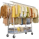 Raybee 630LBS Rolling Clothes Rack, Extendable 42-65" W Clothing Rack | Storage Basket, Heavy Duty Garment Rack, Double Rods, 25mm Stainless Steel, Locking Wheels, Bedroom/Closet, Rustproof
