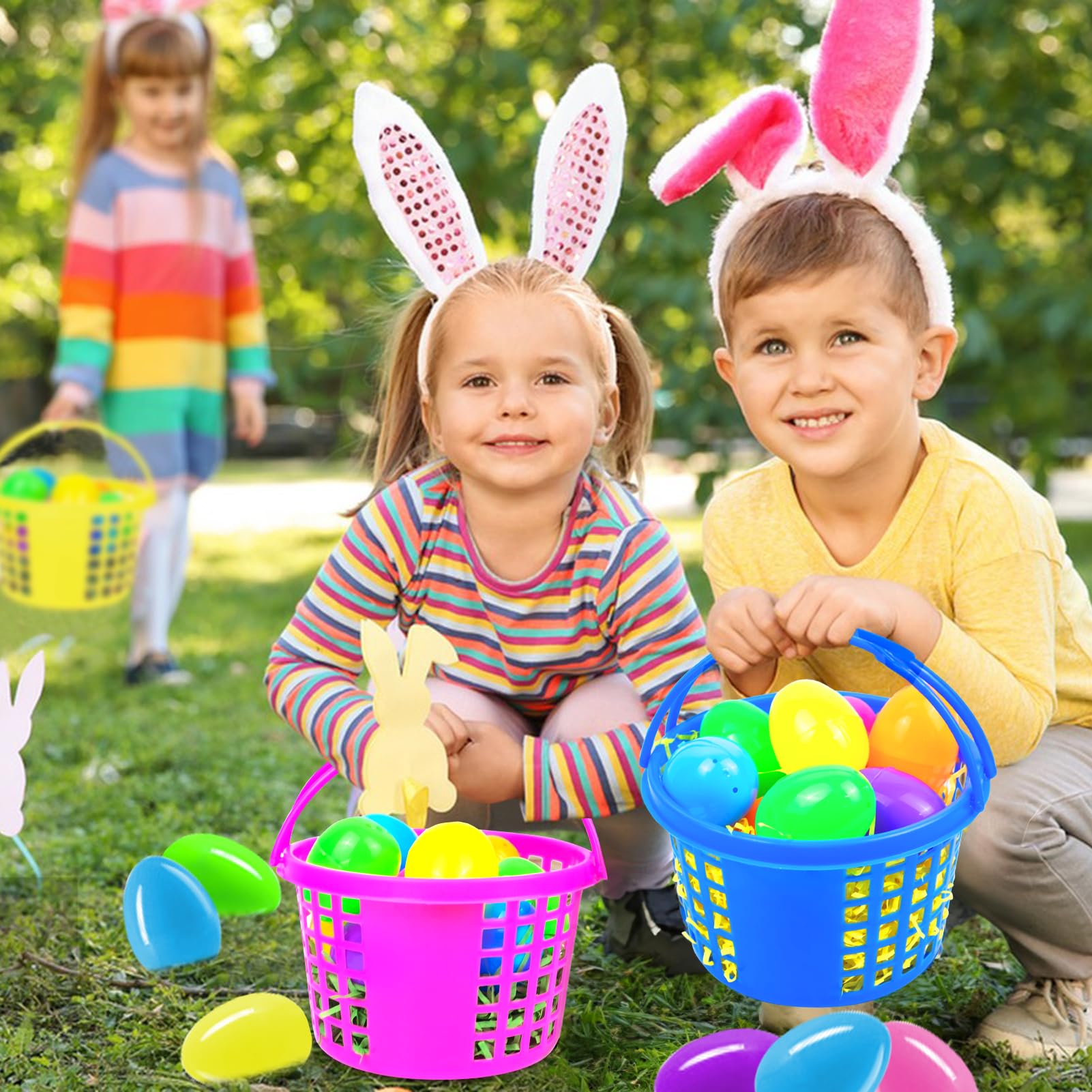 Evoio Easter Baskets in Bulk for Kids 24 PCS Plastic Easter Basket Bucket for Eggs Hunts Game, Classroom Eggs Collecting Baskets with 6 Color Raffia Paper Grass Filler Basket for Kids Egg Hunts Party