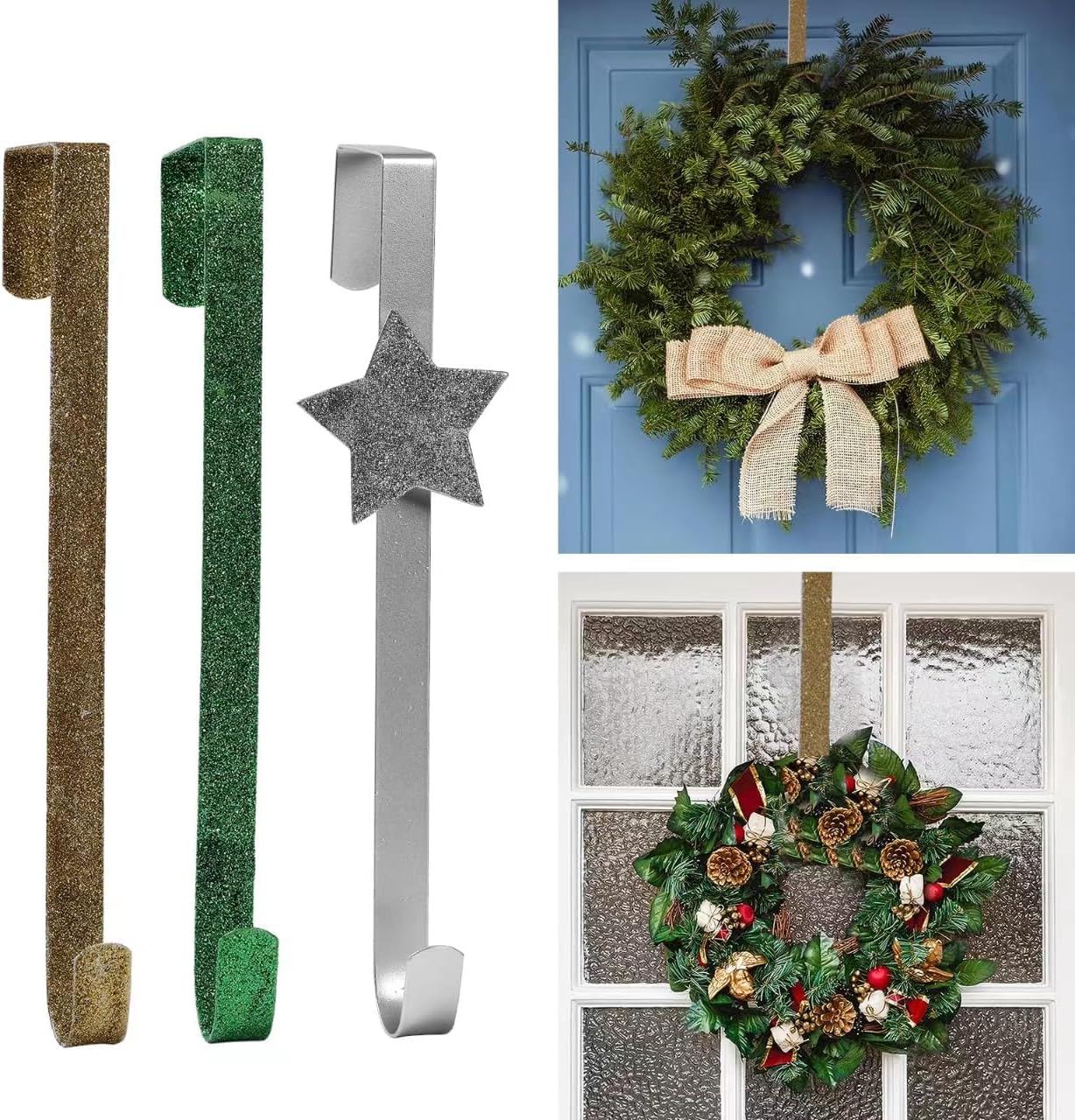 Wreath Hangers - Aovdy 3 Pack Christmas Wreath-Hangers for Front Door Christmas Decorations for Door Inside Outside Door Hooks Christmas Decor (Set C)