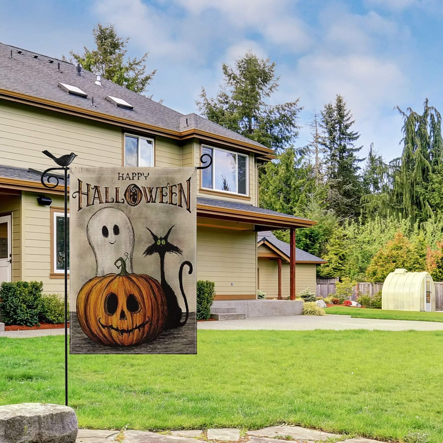AVOIN Happy Halloween Garden Flag Vertical Double Sized, Spooky Ghost Pumpkin Jack O'Lantern Black Cat Yard Outdoor Decoration 12.5 x 18 Inch : Garden & Outdoor