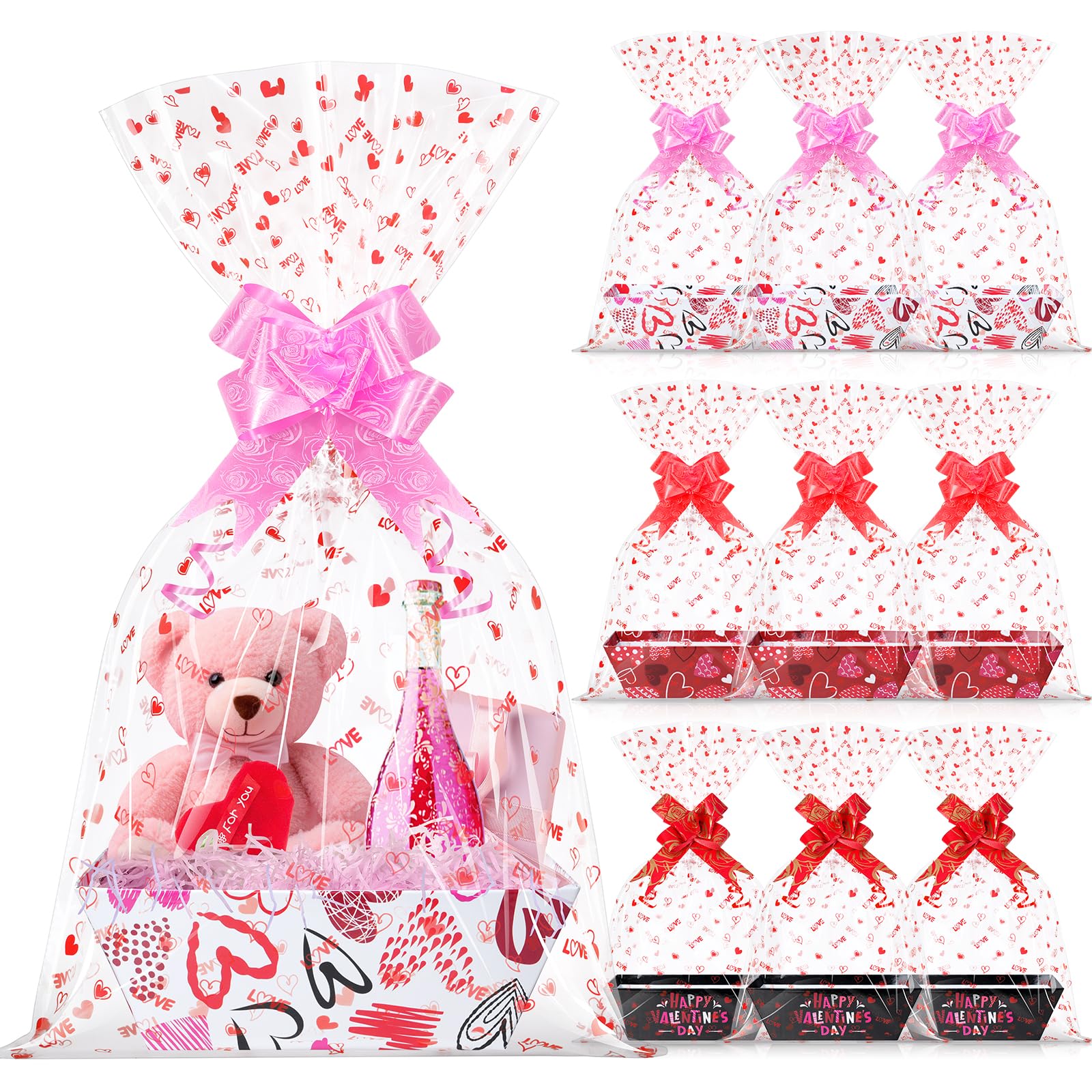 Photo 1 of 12 Sets Valentines Day Gift Basket Empty with Heart Printed Cellophane Basket Bags, Cardboard Valentine Gift Basket Empty to Fill with Bows Ribbons for Valentine’s Day Wedding Anniversary Red Black
