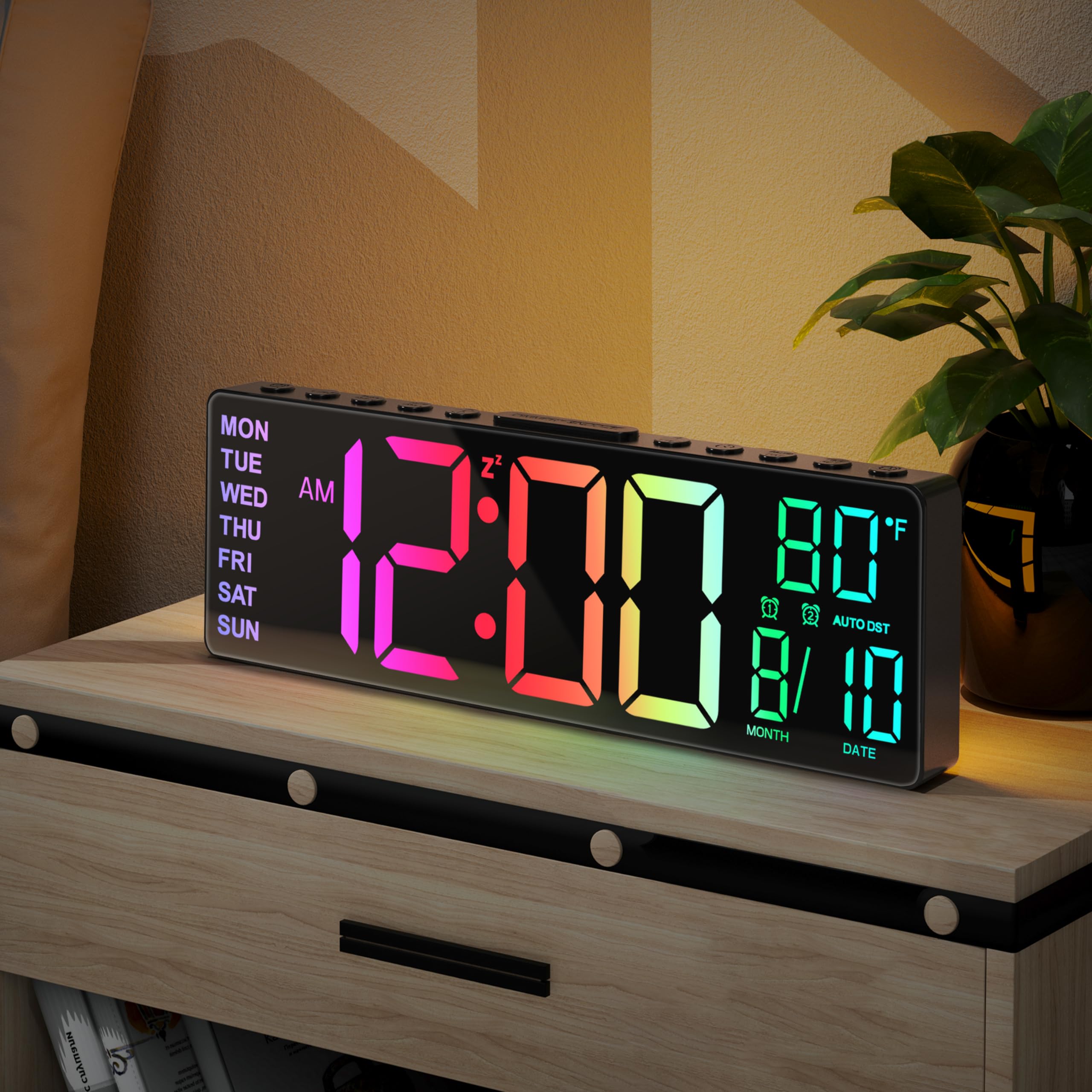 Photo 1 of JALL 10.5'' Digital Large Alarm Clock with 8-in-1 RGB Colors, Date, Month, Temperature LED Display, Auto DST, Modern Decor Design for Desk, Wall, Living Room, Bedroom, Gift, Yougster and Elderly