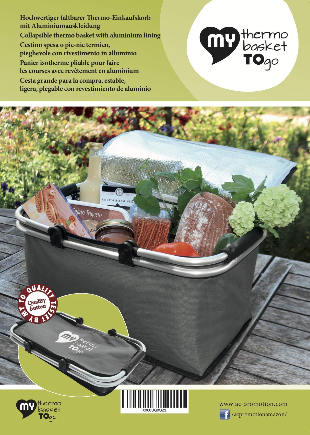 Cesta termica aislada, Plegable y Resistente Porta Alimentos con Asas de Aluminio MY Thermo Basket TO GO, Capacidad 28 litros, para Picnic, Playa, Barbacoa, con pies en la Parte Inferior Color Gris