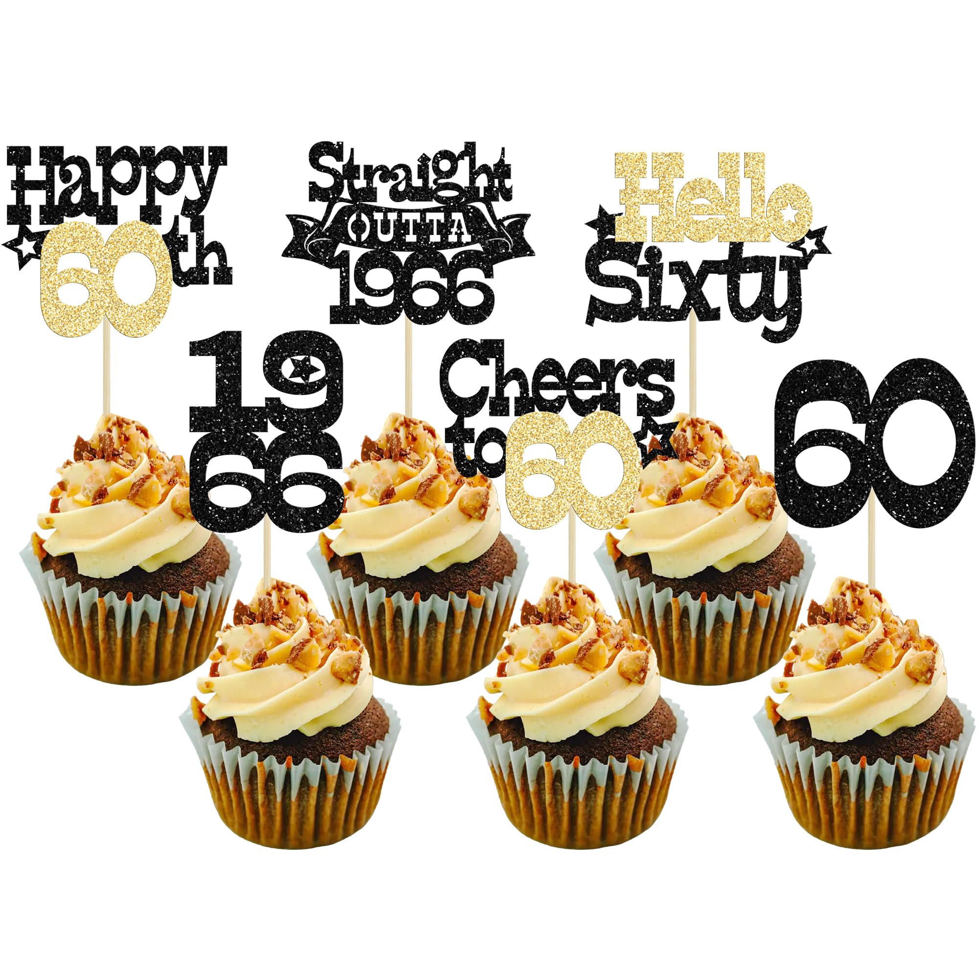 Ephlyn 30Pcs Straight Outta 1966 Cupcake Toppers Glitter Sixty Happy 60th Birthday Cupcake Picks Cheers to 60 Years Cake Decorations for Happy 60th Birthday Anniversary Party Supplies Black Gold — image 1