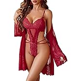 Avidlove Sexy Womens Lingerie Set 2 Piece Lace Teddy with Robe Mesh Bodysuit Nightgown