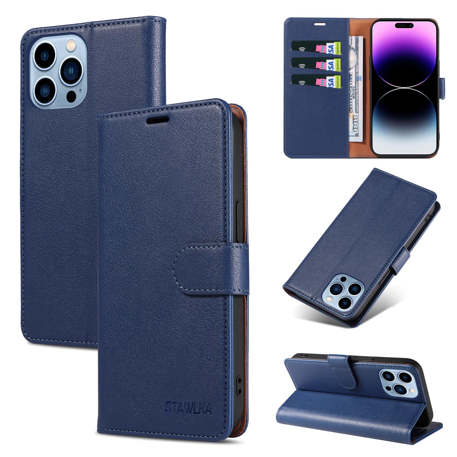 STAWLKA Case for iPhone 15 Pro Max, Premium PU Leather Flip Magnetic Buckle Wallet Case Kickstand Blocking RFID Shockproof Protective Phone Cover for iPhone 15 Pro Max - Blue