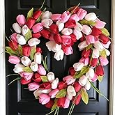 vivimemo 18 Inch Heart Shaped Wreath Pink Red White Tulip Wreath with Pink Bow for Front Door, Valentine's Day Wedding Festival Party Decor Valentine's Day Fireplace Wall Indoor Outdoor Decor