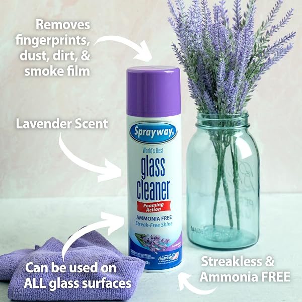 SPRAYWAY GLASS CLEANER LAVENDER SCENT FOAMING AEROSOL SPRAY, 19OZ, PACK OF 6 | AMMONIA-FREE, STREAKLESS, FAST-ACTING | CLEANS & POLISHES GLASS SURFACES | REMOVES FINGERPRINTS, DUST, DIRT, SMOKE FILM