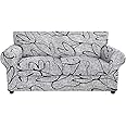 SearchI Stretch Sofa Cover Printed Couch Cover, Floral Pattern 3 Pieces Loveseat Slipcover with 2 Separate Cushion Cover, Washable Furniture Protector for Living Room(Loveseat, Grey Lotus+White)