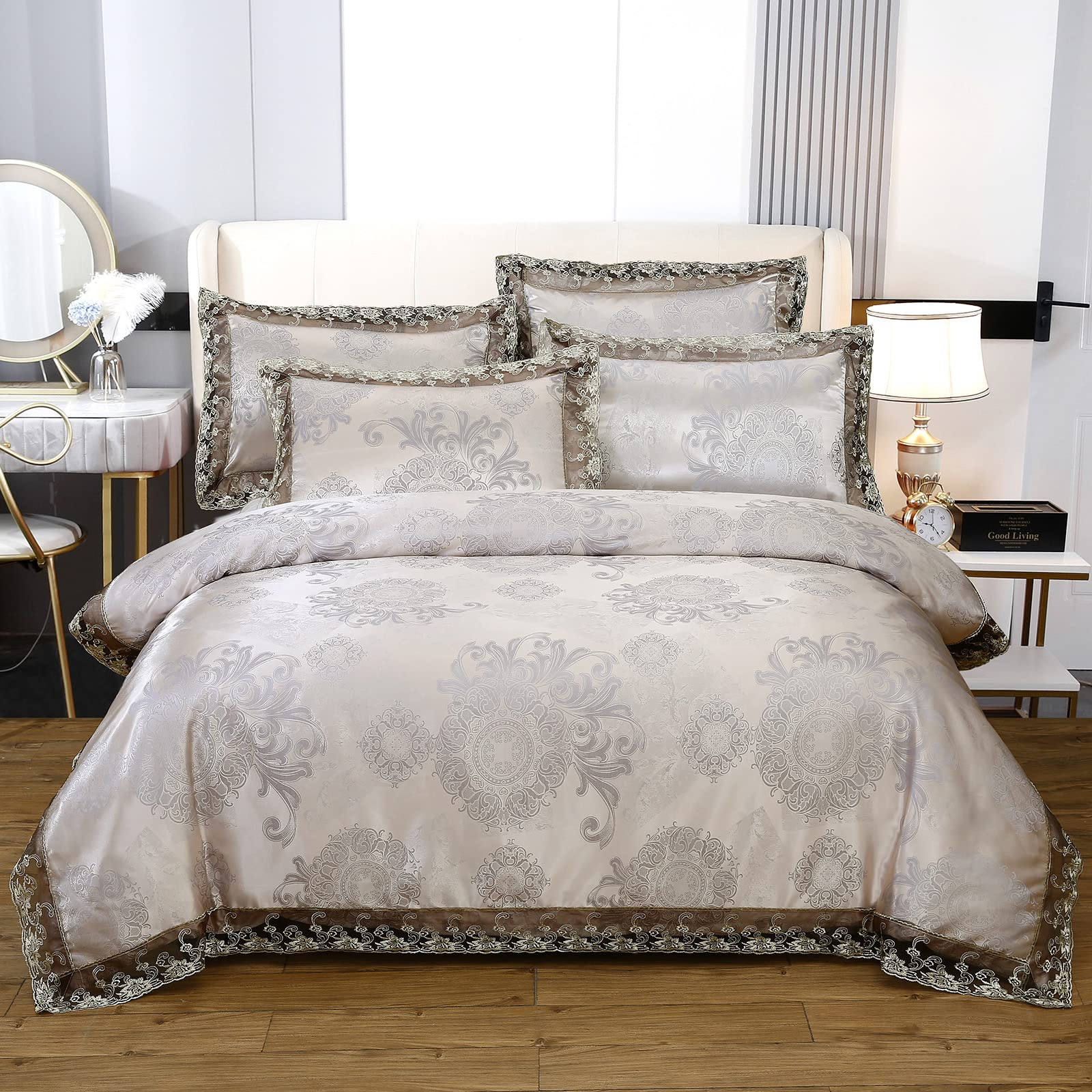 Beyeutao Lace Satin Duvet Cover Set Double Jacquard Bedding Set Gray Duvet Cover 3-Piece Luxury Bedding Set with Duvet Cover Pillowcases.