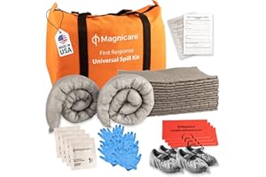 MAGNICARE Universal Spill Kit OSHA Approved - Biohazard Clean up Kit for Oil, Water & Chemicals | 15 Absorbent Pads, 2 Socks, PPE, Biohazard Bags in Bright Orange Duffel Bag