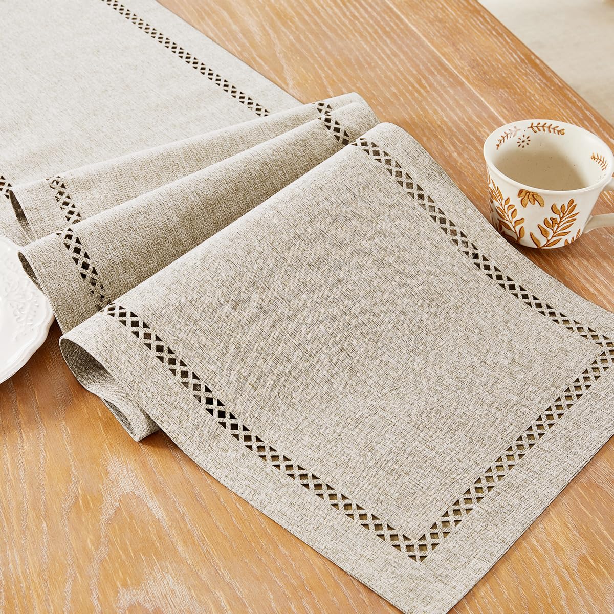 Photo 1 of Aoztio Burlap Style Farmhouse Table Runner, 13 x 90 Inch Coffee, Rustic Geometric Hollow Table Runners 90 Inches Long for Dresser Table Everyday Use, 13x90 Inches, Coffee