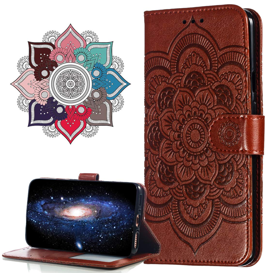 MRSTER Flip Case for Redmi Note 8 Pro PU Leather Wallet Closure Embossed Shockproof Cover with Kickstand Card Slots Holder for Xiaomi Redmi Note 8 Pro. LD Mandala Brown