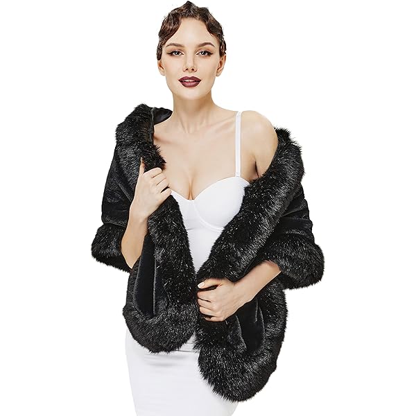 black fur shawl for dress Fox fits US size 6 ~ 12 Faux Fur Wrap Black Women