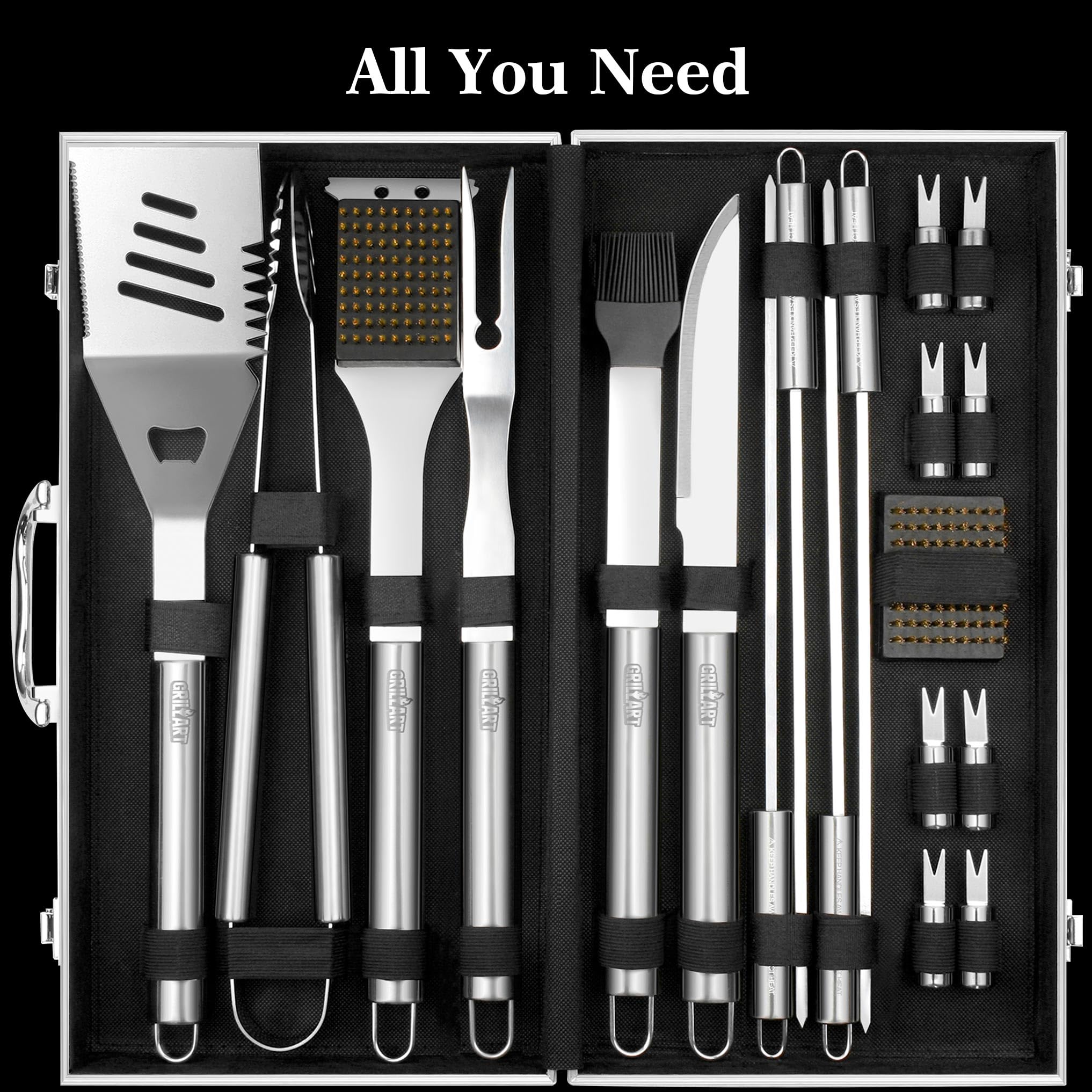 GRILLART BBQ Grill Utensil Tools Set Reinforced BBQ Tongs 19-Piece Stainless-Steel Barbecue Grilling Accessories w/Aluminum Storage Case -Complete Outdoor Grill Kit for Dad, Birthday Gift for Man Dad