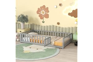 HUMEHA Twin Size Floor Bed with Door and Fence for Kids, Twin Montessori Floor Frame with Slats and Safety Guardrail for Boys Girls, Kids Floor Twin Size Bed Frame for Bedroom, Twin-Grey