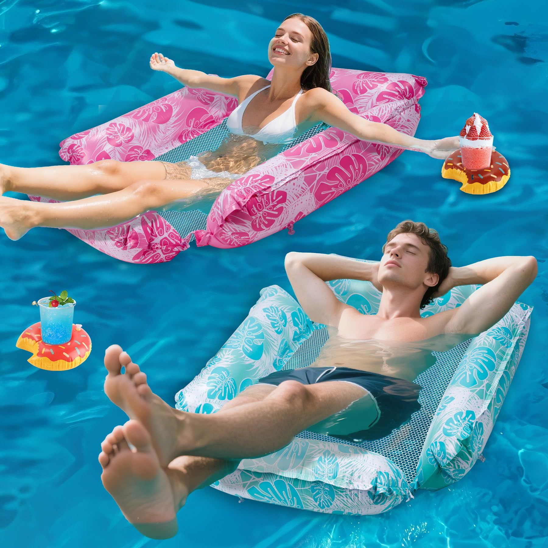 Photo 1 of BTSD-home 2 Pack Inflatable Pool Floats Chair with Cup Holders for Adults, 4-in-1 Multi-Purpose Floating Loungers, Summer Pool Lake Beach Party Fun (Leaf Pattern)