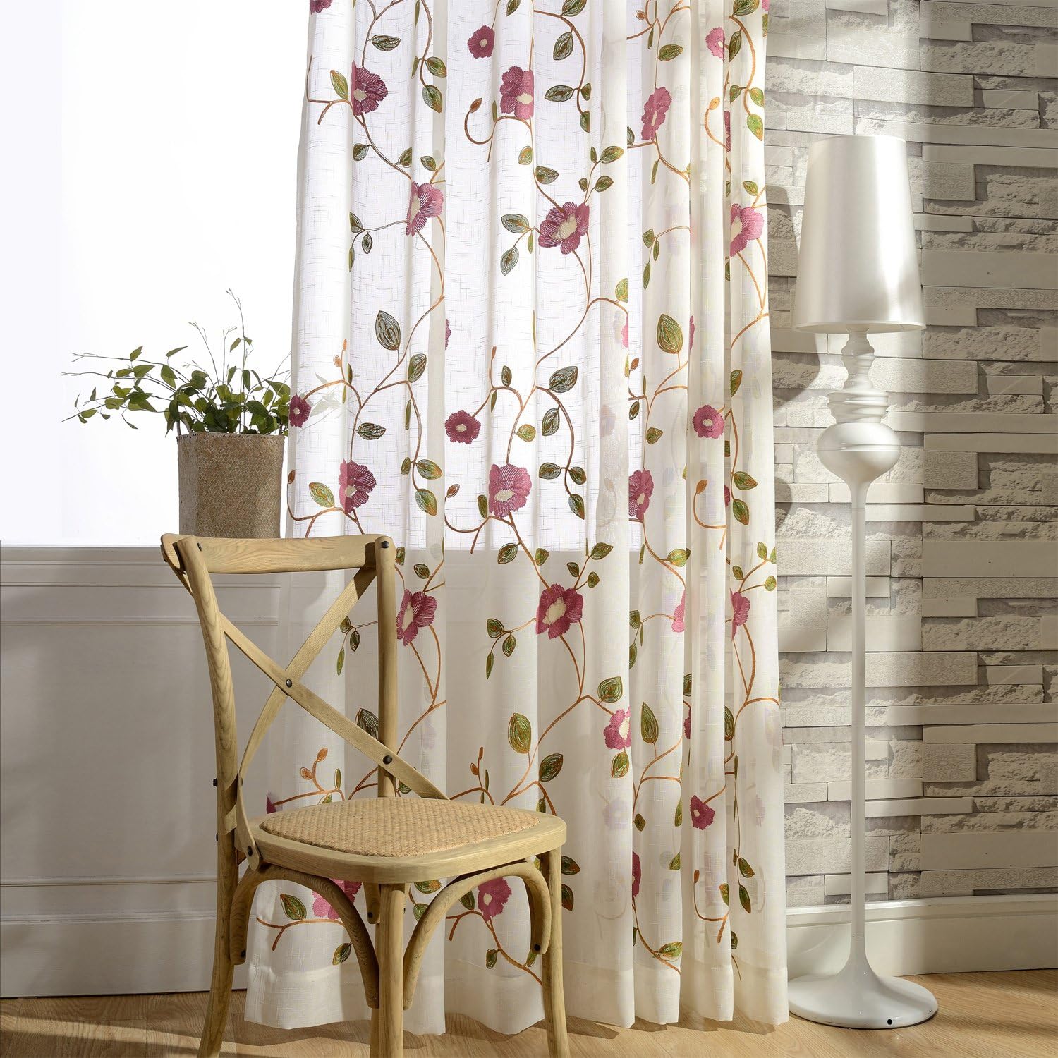 Flower Leaf Sheer Curtains Voile Anady Pink Flower Green Leaf