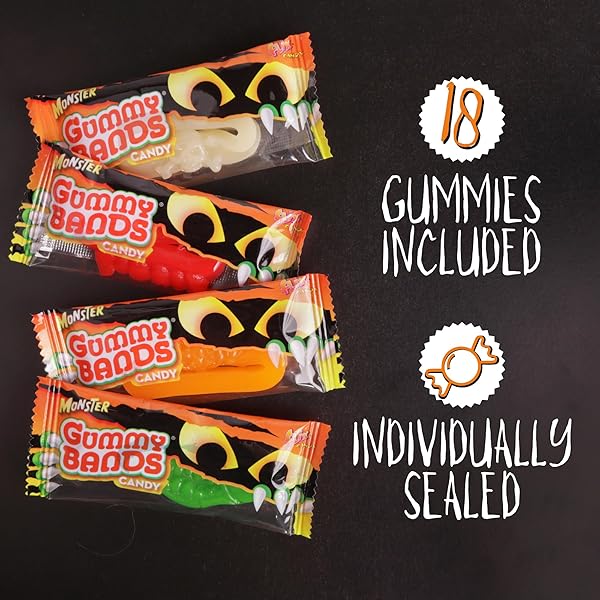 HALLOWEEN GUMMY CANDY BANDS TRICK OR TREAT PASS OUT TREATS, 18 PACK, INDIVIDUALLY WRAPPED, ASSORTED FLAVORS