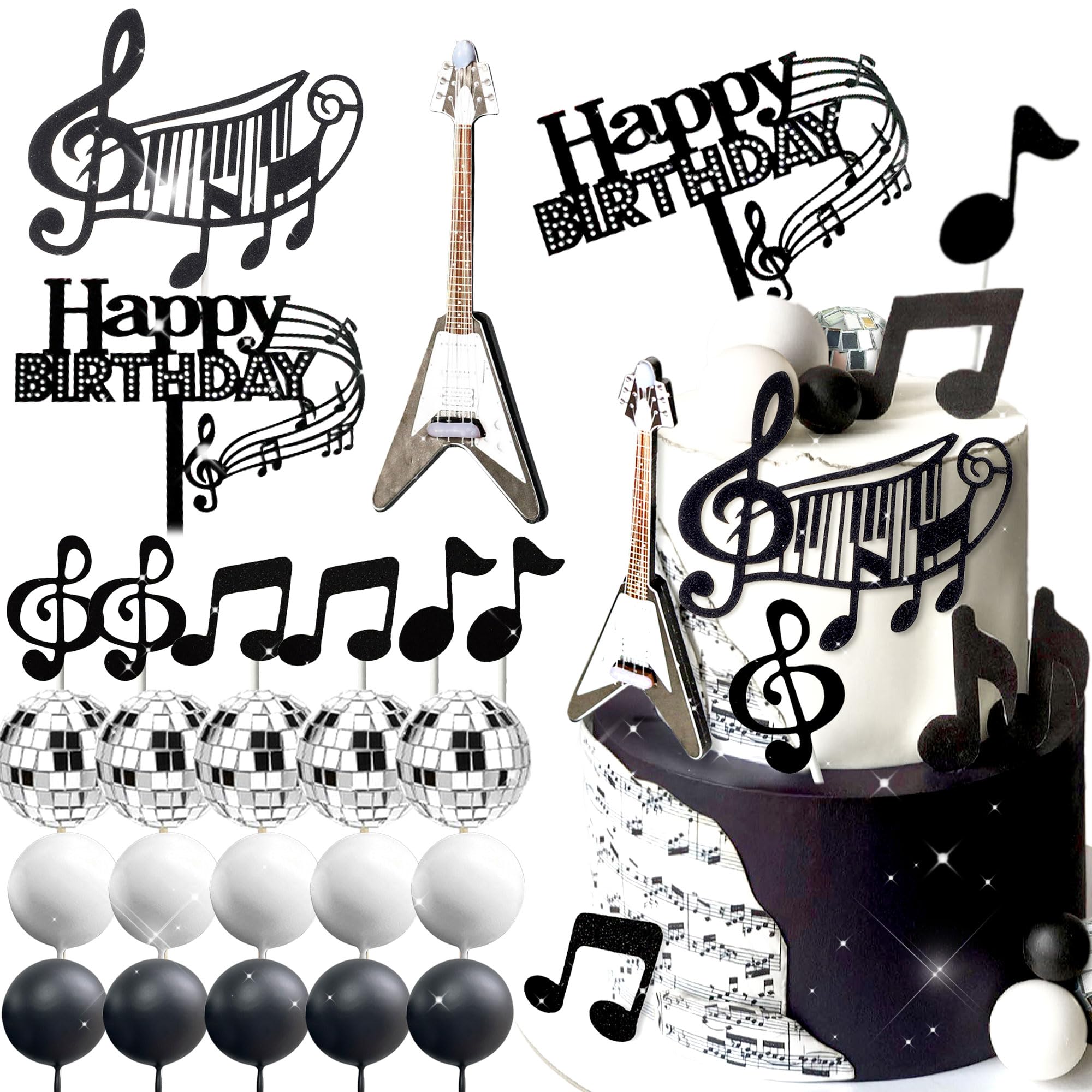 Photo 1 of JeVenis Disco Ball Music Cake Topper Guitar Cake Toppers Music Notes Balls Cake Decorations for Musician Birthday Party Rock Theme Party