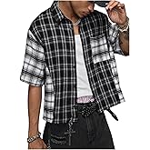 BEAUDRM Men's Plaid Checkered Shirt Gingham Button Up Short Sleeve Collar Casual Summer Tops Streetwear