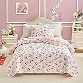 Joyreap Queen Size Quilt Set for Girls, Pink Flowers Design, 3pcs Microfiber Lightweight Quilt Bedding Set, Bedspread Bed Cover for All Season- 90x90 inches