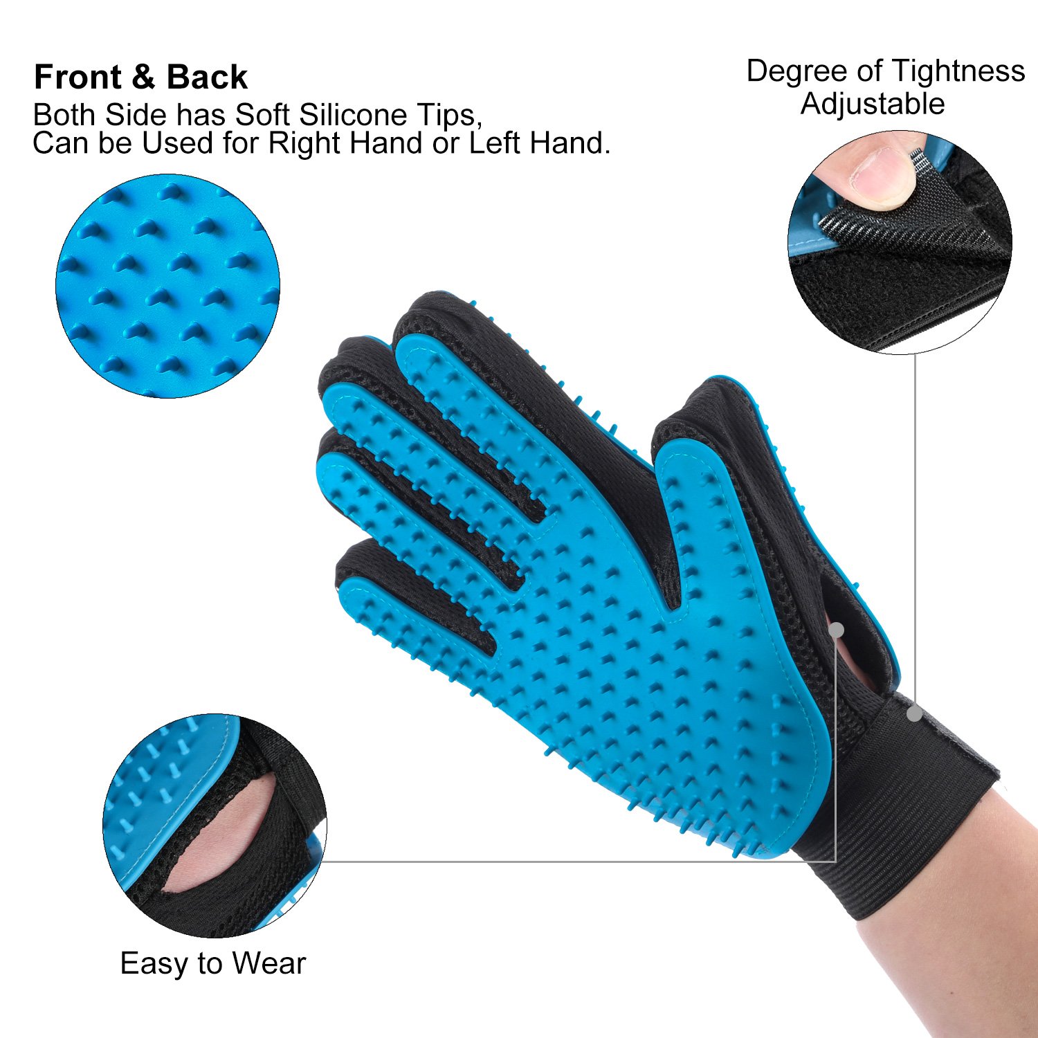 Pet Grooming Glove for Long and Short Fur - Hair Remover Mitt - Gentle Deshedding Brush - Efficient Double Side with Five Finger Design for Horses, Dogs and Cats - Blue