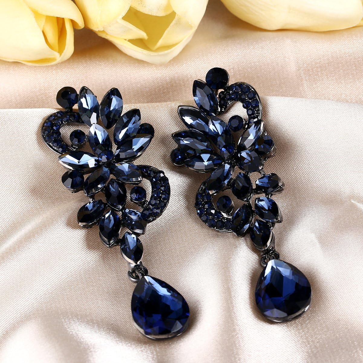 Clearine Women's Bohemian Boho Crystal Flower Wedding Bridal Chandelier Teardrop Bling Long Dangle Earrings Blue Black-Tone - Image 5