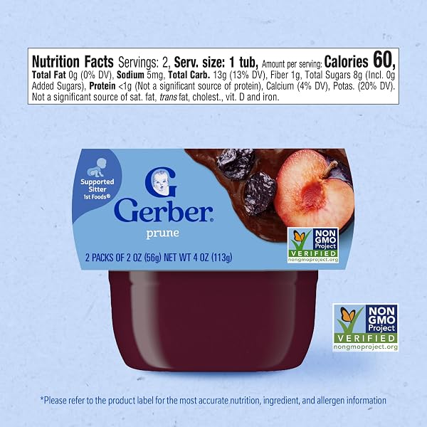 GERBER STAGE 1 BABY FOOD, PRUNE PUREE TUBS, NO ARTIFICIAL COLORS OR FLAVORS, BABY PUREE, 16-PACK