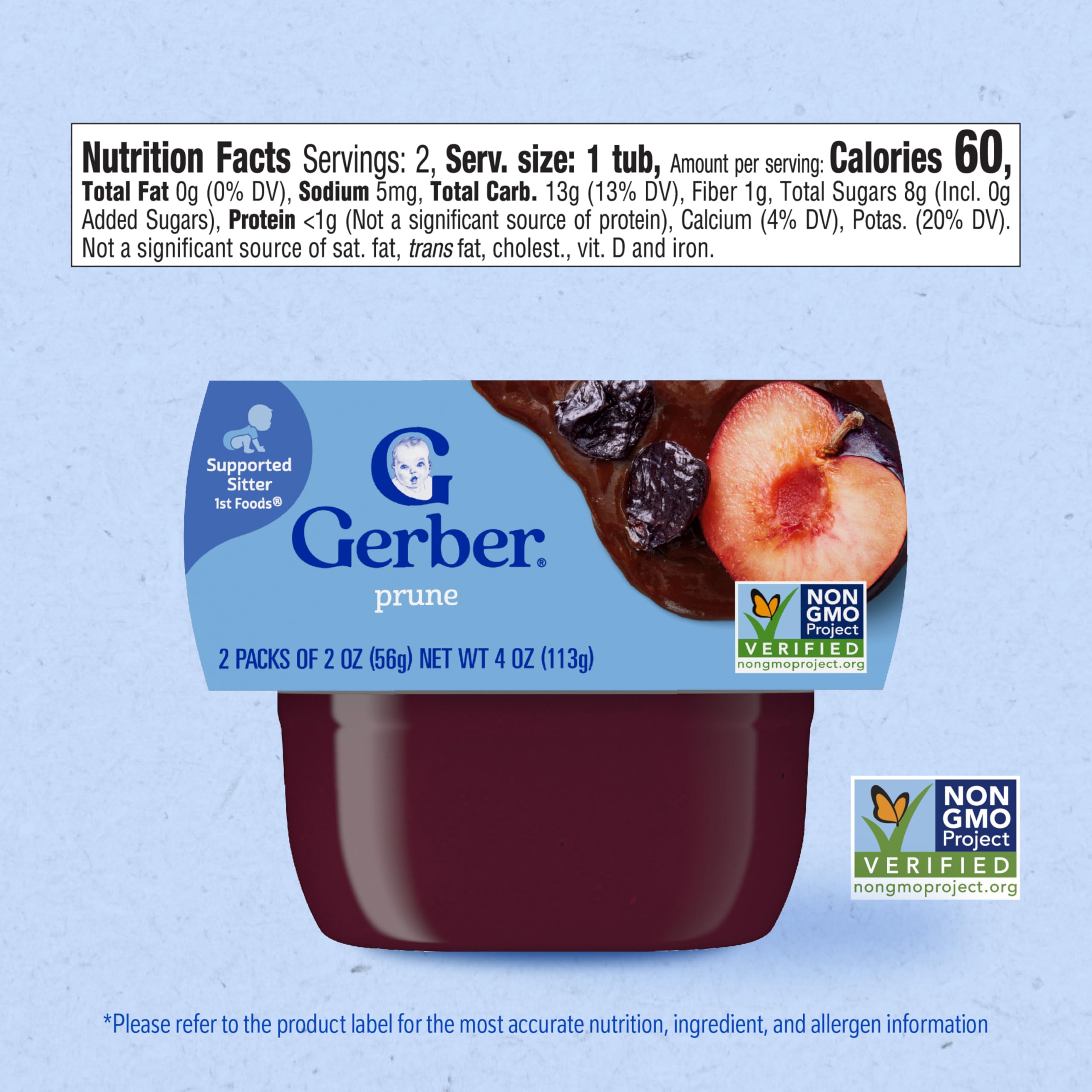 Gerber Stage 1 Baby Food, Prune Puree Tubs, No Artificial Colors or Flavors, Baby Puree, 16-Pack