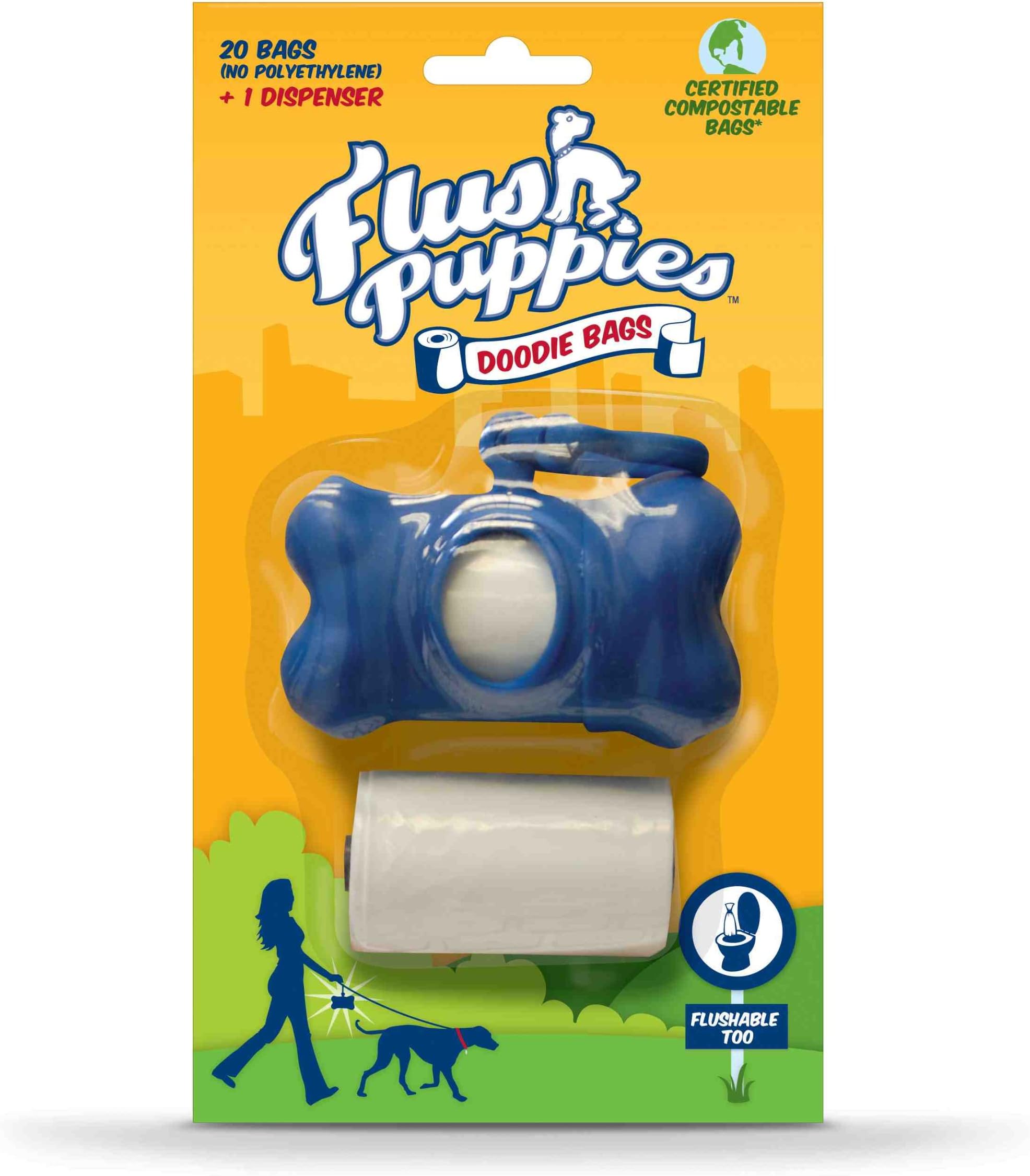 Flush Puppies Doodie Bags, Flushable & Certified Compostable, Dispenser + 2 Refill Rolls (20 Bags)