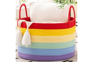 KAKAMAY Large Blanket Basket (20"x13"),Woven Baskets for storage Baby Laundry Hamper, Cotton Rope Blanket Basket for Living Room, Laundry, Nursery, Pillows, Baby Toy chest (Rainbow)