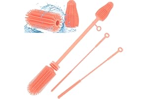WQSS AOEIU Silicone Baby Bottle Brush and Straw Cleaner Brush Set,Silicone Fully Encased Dish Brush,Versatile Deep Cleaning Long Water Bottle Brushes,Heat Resistant Sturdy Kitchen Brush,Hangable Cup Brush