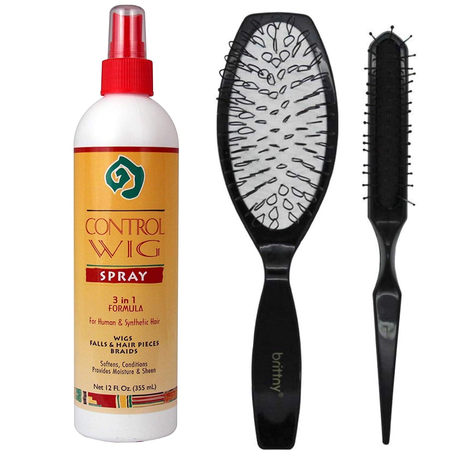 African Essence Control Wig Spray 3 In 1 Formula 12 oz (Including Brittny Professionals Wig Brush Combo) Wig & Hair Extension Styling Spray & Detangling Brush Kit