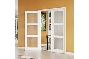 Lakenyon 3-Lite Frosted Glass French Door, 48" x 80" (Double 24" x 80"), Interior Door Panels for Closet & Bedroom, Pantry Door Slab - Assembly Required, MDF, White Primed