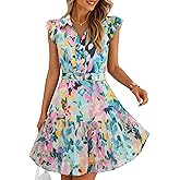 ZESICA Womens Summer Boho Floral Mini Dress 2026 Flutter Short Sleeve Button Chiffon A Line Beach Vacation Party Dresses