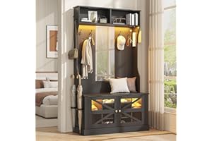 Semoic Farmhouse Hall Tree with Bench and Shoe Storage, 7-in-1 Entryway Storage Bench with 8 Coat Racks, Shoe Rack with 7 Shoe Cubbies & Mirror & LED Light, Mudroom/Hallway Storages, Black