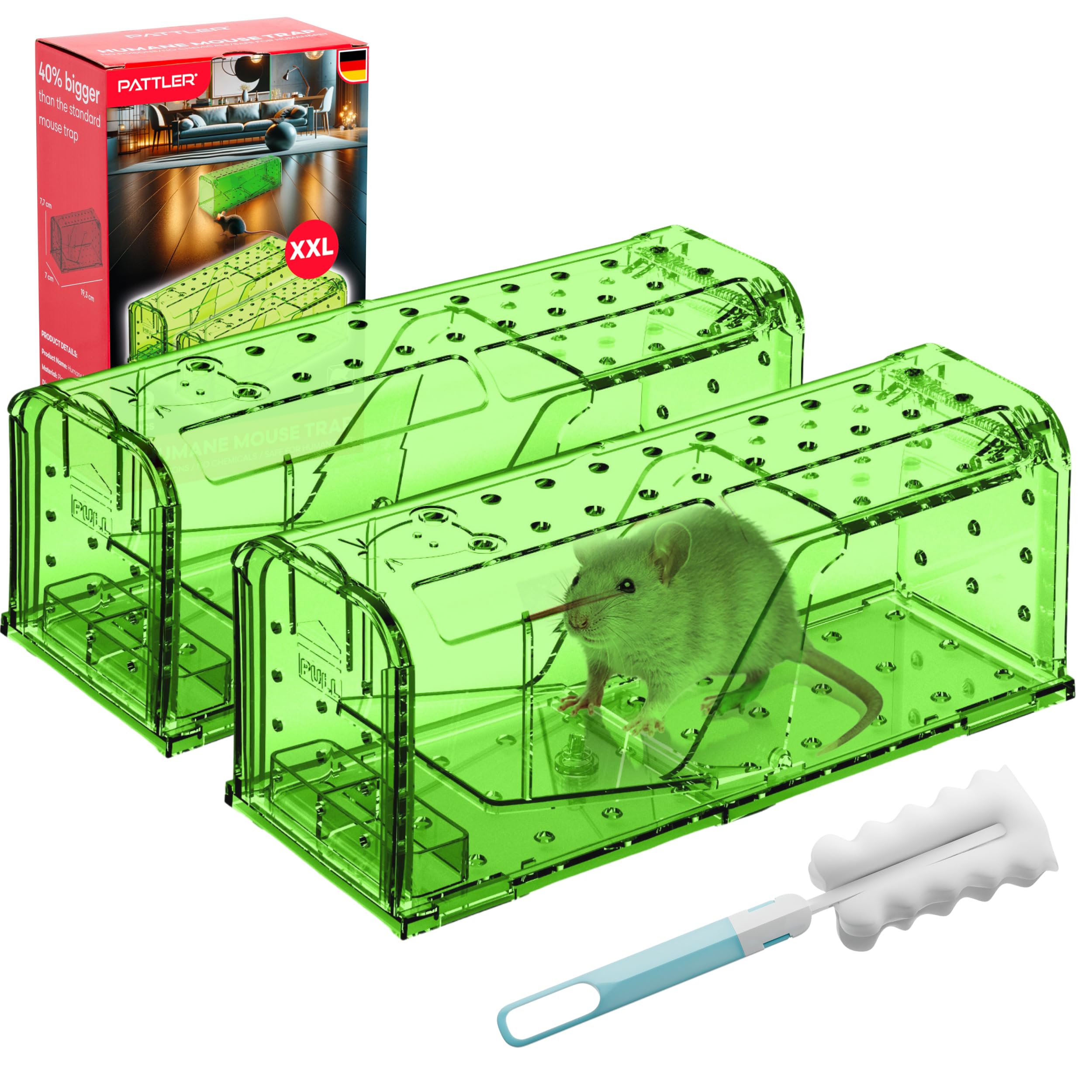 Photo 1 of PATTLER® | Large Humane Mouse Trap for Indoor and Outdoor Home | Mechanical Reusable Live Mouse Traps Catch and Release Mice from Garden, Garage, Attic, Inn, Hotel | Green | Pack of 2