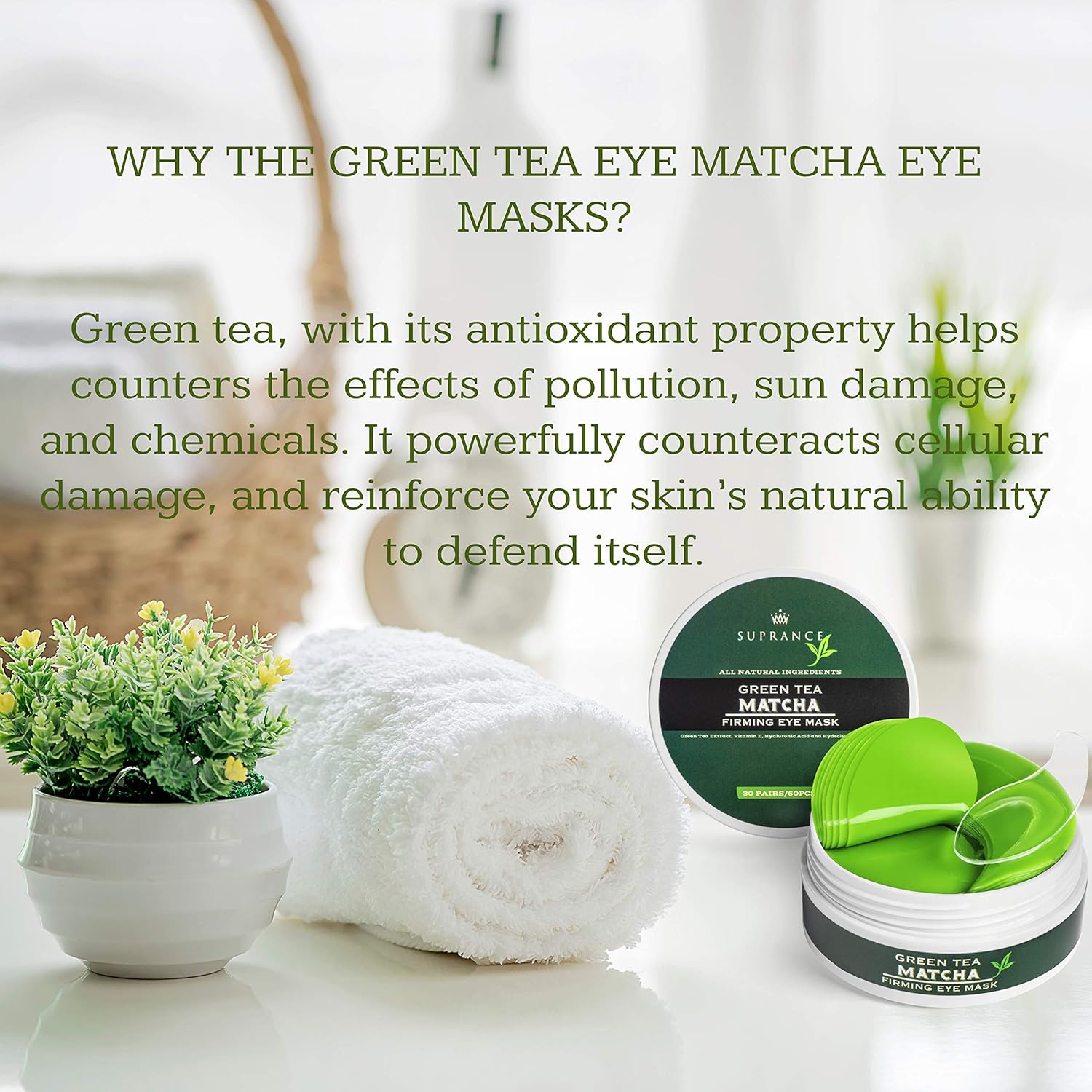 Green Tea Matcha Eye Mask by SUPRANCE - Under Eye Patches Treatment for Dark Circles, Eye Bags, Puffiness - Anti-Wrinkle With Hyaluronic Acid and Collagen - 30 Pairs/60 Pcs. : Beauty