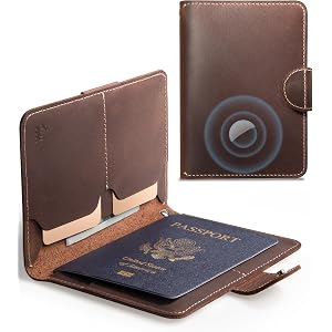 XGUO RFID Passport Holder for Travel with Hidden Airtag Slot – Genuine Leather Passport Wallet, Travel Gift for Men & Women
