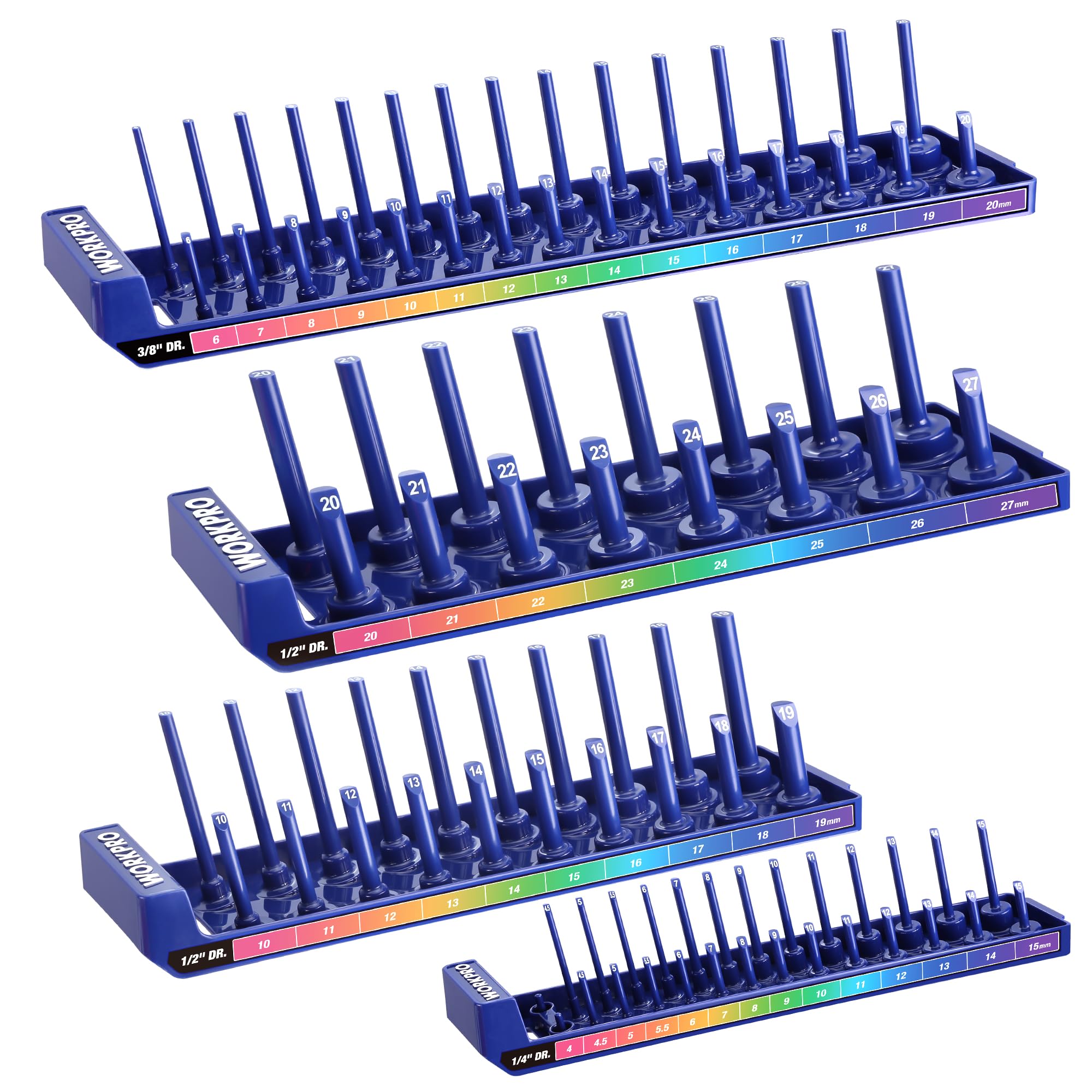 WORKPRO Socket Organizer Set, 4-Piece Socket Holders, 1/4", 3/8", 1/2" Drive Metric Socket Storage Rack Tray, Shadow Socket Holders for Socket Storage