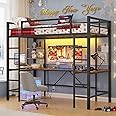 Hasuit Twin Size Loft Bed with Desk U-Shaped | Heavy Duty Metal Frame & Built-in Charging Station | RGB APP-Controlled LED Lights, Safety Guardrails + Open Shelves | No Box Spring Needed, Black